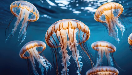Aufkleber - Graceful jellyfish swimming in clear blue waters with ample empty space for text overlay and design elements.
