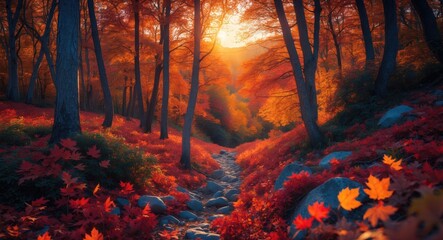Poster - Autumn hiking trail illuminated by soft sunlight with vibrant fall foliage and rocky path through a serene forest landscape.