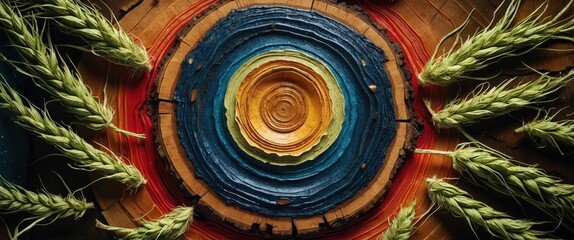 Leinwandbilder - Hemp texture surrounded by vibrant tree rings highlighting nature's beauty and intricate patterns in a creative artistic composition.