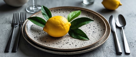 Poster - Minimalist table setting featuring a fresh lemon with green leaves on speckled ceramic plates complemented by elegant cutlery and glassware.