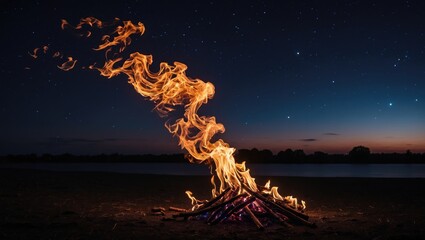 Aufkleber - Majestic flames dancing under a starry night sky by a tranquil riverbank creating a captivating outdoor ambiance.
