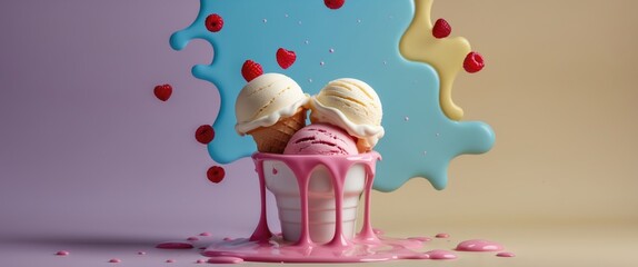Poster - Melting Ice Cream with Colorful Background and Empty Space for Creative Text or Marketing Messages
