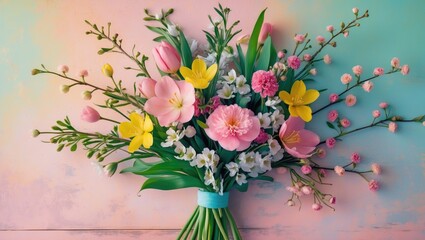 Poster - Vibrant Spring Flower Bouquet on Pastel Background Ideal for Celebrations and Seasonal Decor Flat Lay Composition
