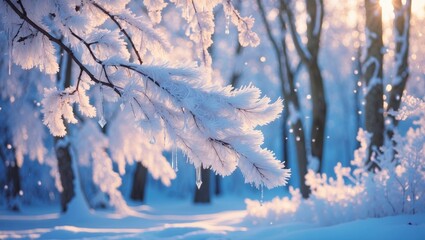 Aufkleber - Enchanting winter scene featuring frost-covered tree branches illuminated by sunlight in a serene snowy forest setting.