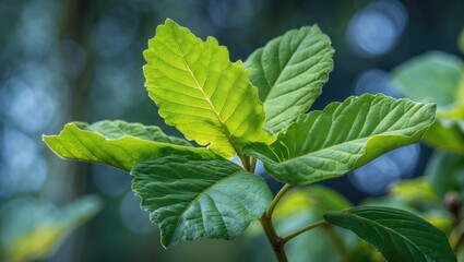 Poster - Lush green croton leaves showcasing vibrant patterns and textures in natural sunlight against a blurred background.