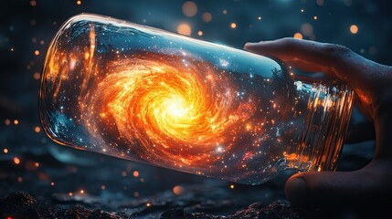 Wall Mural - a glass jar containing a bright galaxy in dark space
