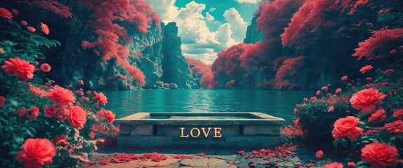 Poster - Serene landscape with vibrant foliage and roses featuring the word love in a tranquil water setting