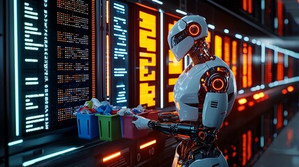 AI Robot Recycling Waste in Server Room. Future Technology and Sustainability Concept
