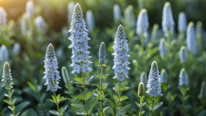Aufkleber - Delicate flowering plants with blue blossoms surrounded by lush greenery and ample empty space for text or captions in a natural setting.