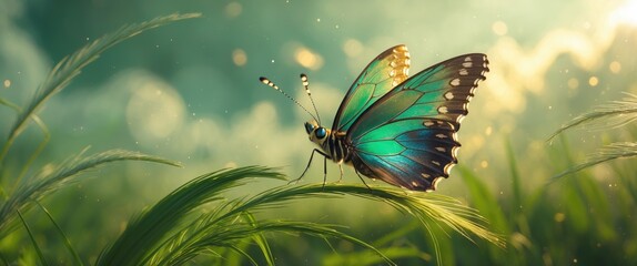 Poster - Vibrant Udaspes folus butterfly perched on lush grass in a serene natural setting showcasing its striking colors and delicate beauty.