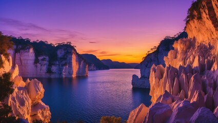 Aufkleber - Vibrant panoramic sunset over tranquil lake framed by dramatic limestone cliffs showcasing abstract patterns and rich sky colors.