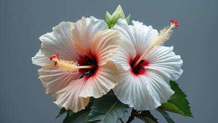 Aufkleber - Hibiscus and White Flower Arrangement with Green Leaves Isolated on Gray Background