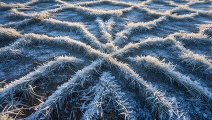 Aufkleber - Intricate kaleidoscopic patterns created by frozen grass and ground showcasing winter's natural artistry and textures in a serene landscape.