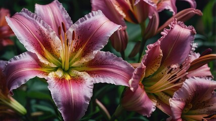 Poster - Close-Up of Pink and Purple Lilies in Lush Garden Setting Showcasing Vibrant Petals and Lush Green Foliage for Nature Photography.