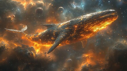 Wall Mural - A burning whale swims through the fiery and starry cosmos peacefully