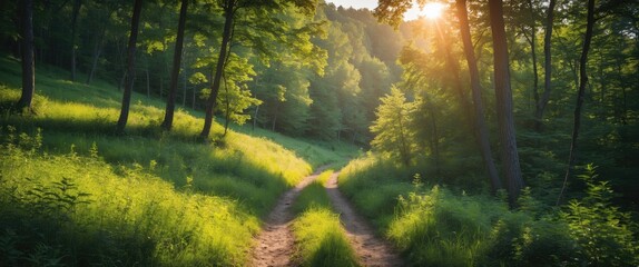 Aufkleber - Serene Hiking Trail Through Lush Green Forest At Sunrise With Abundant Nature And Open Space For Text Overlay