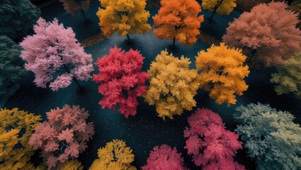 Poster - Vibrant seasonal foliage aerial view showcasing diverse colored trees against a dark background illustrating nature's autumn transformation.