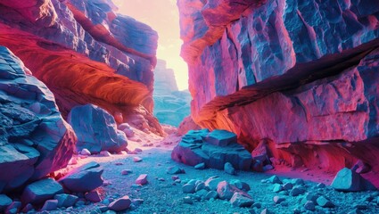 Fototapete - Vibrant abstract canyon landscape showcasing high silica rock formations illuminated by pink and blue hues in stunning natural light.