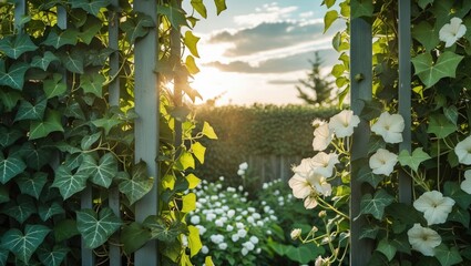 Aufkleber - Sunlit Garden Escape with Ivy-clad Fence and Blooming White Flowers Under a Bright Sky