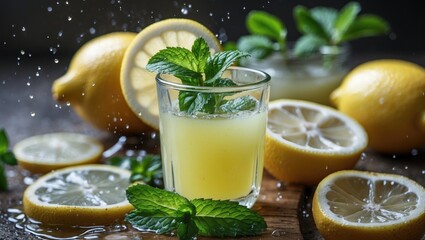 Poster - Freshly Squeezed Lemon Juice with Mint Garnish Surrounded by Whole and Sliced Lemons on a Rustic Wooden Surface