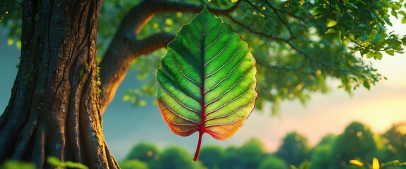Poster - Vibrant Indian Sagwan leaf with lush green tree background showcasing nature's beauty and tranquility in a serene outdoor setting