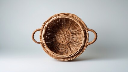 Poster - Inverted Wicker Basket with Handles Isolated on Neutral Background for Home Decor or Craft Use