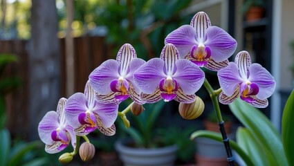 Poster - Elegant Purple Orchids Blooming Gracefully in a Lush Backyard Displaying Vibrant Colors and Delicate Petals Fresh from the Garden