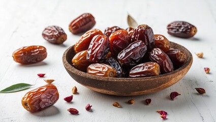 Leinwandbilder - Bowl of assorted dry dates kharik on a rustic wooden surface with scattered petals and leaves creating an inviting natural composition