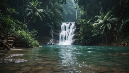 Leinwandbilder - Lush Huai Lao Waterfall in Rainforest with Serene Blue Water and Soft Ambient Lighting Amidst Tropical Foliage