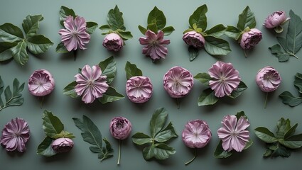 Poster - Delicate Floral Arrangement Featuring Mauve Blooms and Lush Green Leaves on Soft Background for Elegant Design Concepts