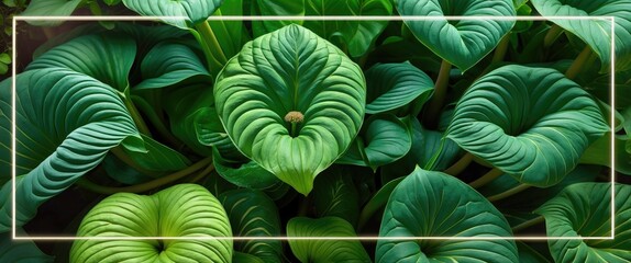 Poster - Top view of lush Hosta plant leaves showcasing vibrant green foliage with light borders highlighting their intricate textures and shapes.