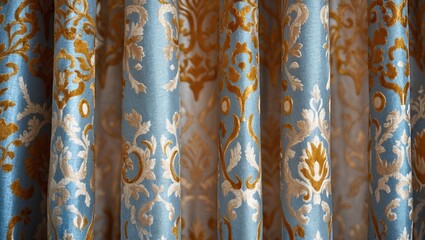 Aufkleber - Elegant Closeup of Decorative Curtain Fabric Featuring Intricate Blue and Gold Patterns for Home Interior Design