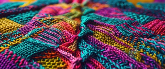Poster - Vibrant handmade knitting patterns showcasing intricate textures and colorful yarn in a close-up view for craft enthusiasts and designers.