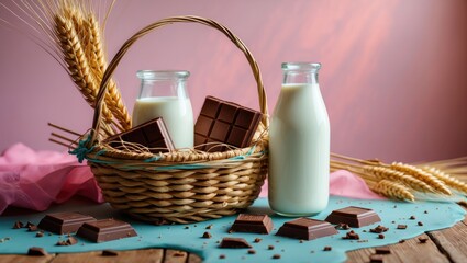 Poster - Milk and chocolate in a basket with wheat on a wooden table creating a cozy holiday vibe with soft pastel background and empty text space.