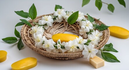 Aufkleber - Traditional Basket with Jasmine Soap Garland and Mango Soap Bars Surrounded by Fresh Green Leaves on White Background with Copy Space