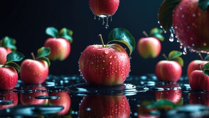 Leinwandbilder - Fresh Apples With Water Droplets On Dark Background Reflecting Healthy Lifestyle And Juiciness In A Vibrant Still Life Arrangement