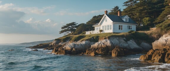 Leinwandbilder - Coastal Dream Home Perched on Rocky Shoreline with Scenic Ocean Views and Lush Surroundings Against a Clear Sky
