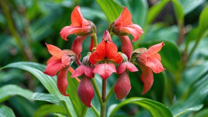 Aufkleber - Vibrant Homalomena rubescens flowers with striking red petals amidst lush green foliage in a tropical garden setting.