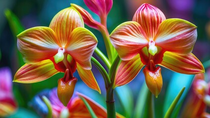 Poster - Vibrant Dendrobium orchids in orange and yellow hues showcasing intricate floral details against a blurred colorful background.