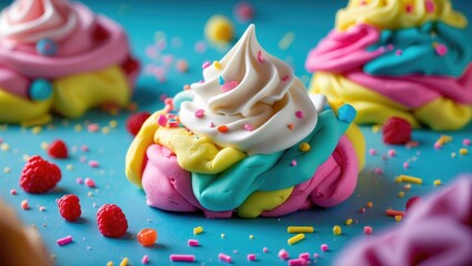 Aufkleber - Colorful Playdough Swirls with Sprinkles on Bright Background Showcasing Empty Space for Creative Text or Branding