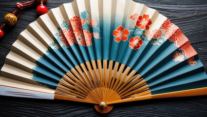 Poster - Japanese traditional folding fan with colorful floral designs displayed on a wooden background showcasing cultural craftsmanship and artistry.
