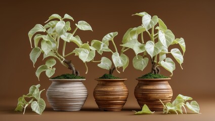 Aufkleber - Ivory Betel Vine in Decorative Wooden Pots Against a Warm Brown Background with Space for Text and Design Elements