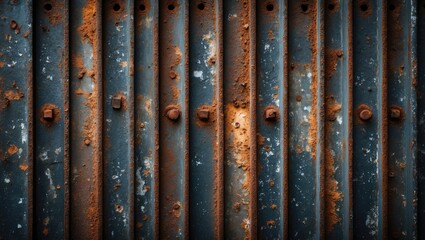 Poster - Detailed grunge rusty metal surface with texture, bolts, and patina showcasing weathered industrial elements for creative backgrounds.