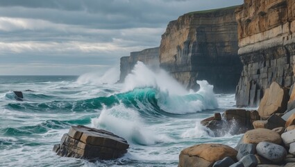 Leinwandbilder - Powerful Ocean Waves Crashing Against Rocky Cliffs on a Cloudy Day with Dynamic Seascape and Turbulent Water Movement