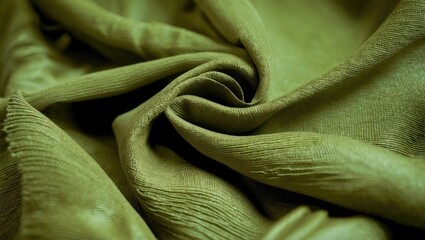 Poster - Khaki textile close-up showcasing a smooth and textured fabric surface with elegant folds and rich green hues for design backgrounds.