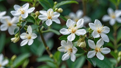 Poster - Delicate jasmine flowers blooming in lush garden setting, showcasing vibrant greenery and serene natural beauty in tropical West Kalimantan.