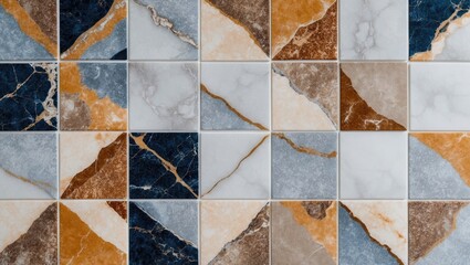 Aufkleber - Elegant ceramic tile design featuring a mix of marble patterns in blue, gold, and gray suitable for interior decoration and backgrounds.