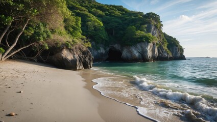 Aufkleber - Secluded Tropical Beach Landscape with Lush Green Cliff and Gentle Waves Perfect for Relaxation and Text Overlay