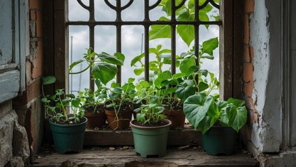 Fototapete - Homegrown plants thriving in pots on a windowsill framed by an old window grill with natural light illuminating the greenery.