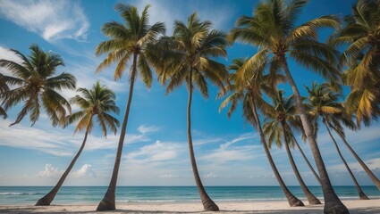 Aufkleber - Tropical paradise with tall palm trees swaying on a serene beach under a clear blue sky and gentle waves in the background.